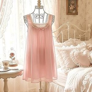 Vintage 60s Coquette Babydoll Bow Nightgown Small Pink Lorraine Lingerie Lolita